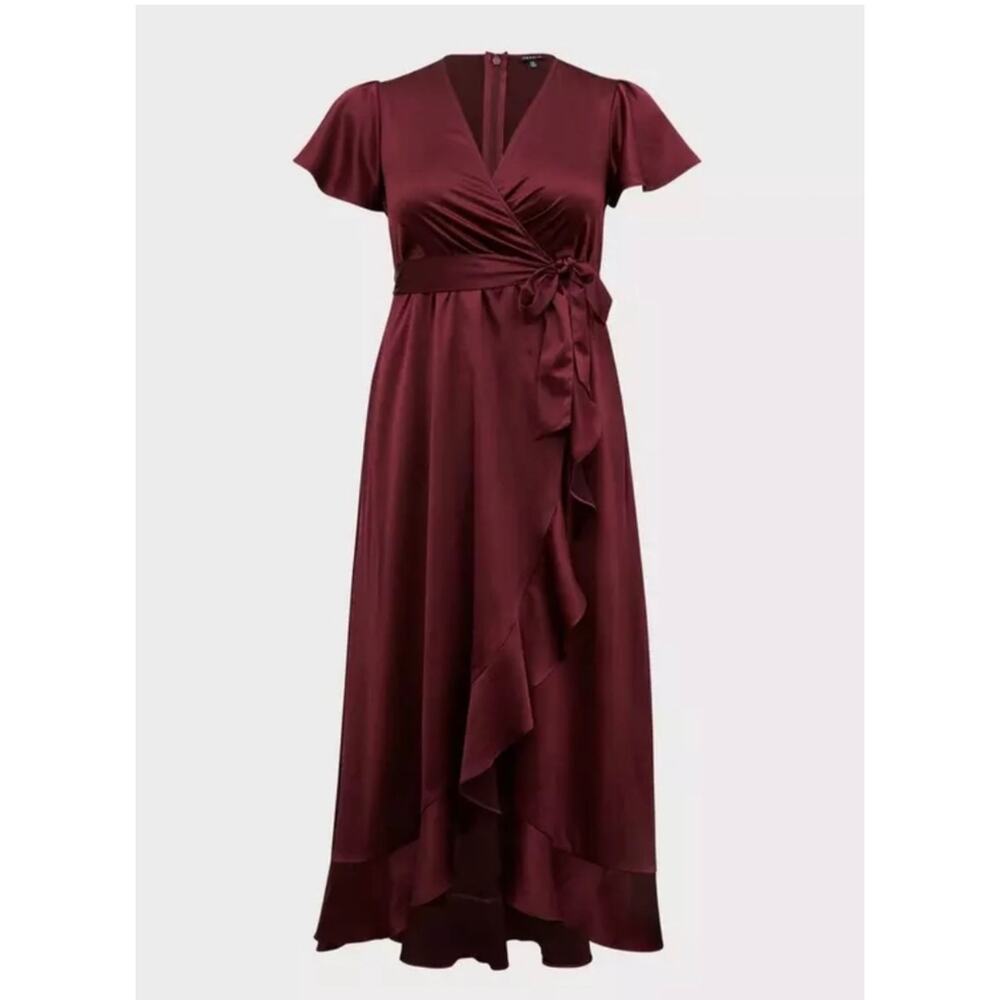 Torrid Burgundy Short-Sleeve Satin Surplice Maxi Dress Size 30 Wedding Guest